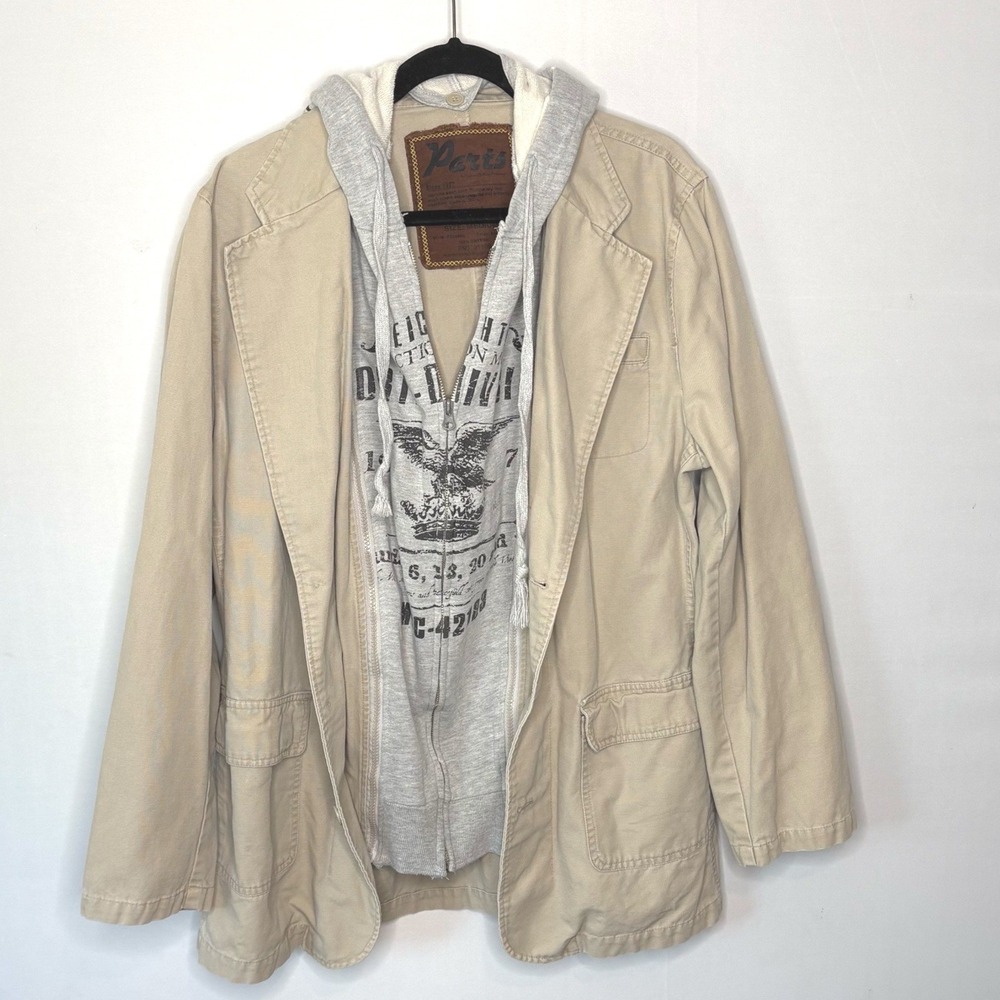 Parts Machine Clothing Co Khaki Blazer Jacket Size M Grey Graphic Hoodie Layered